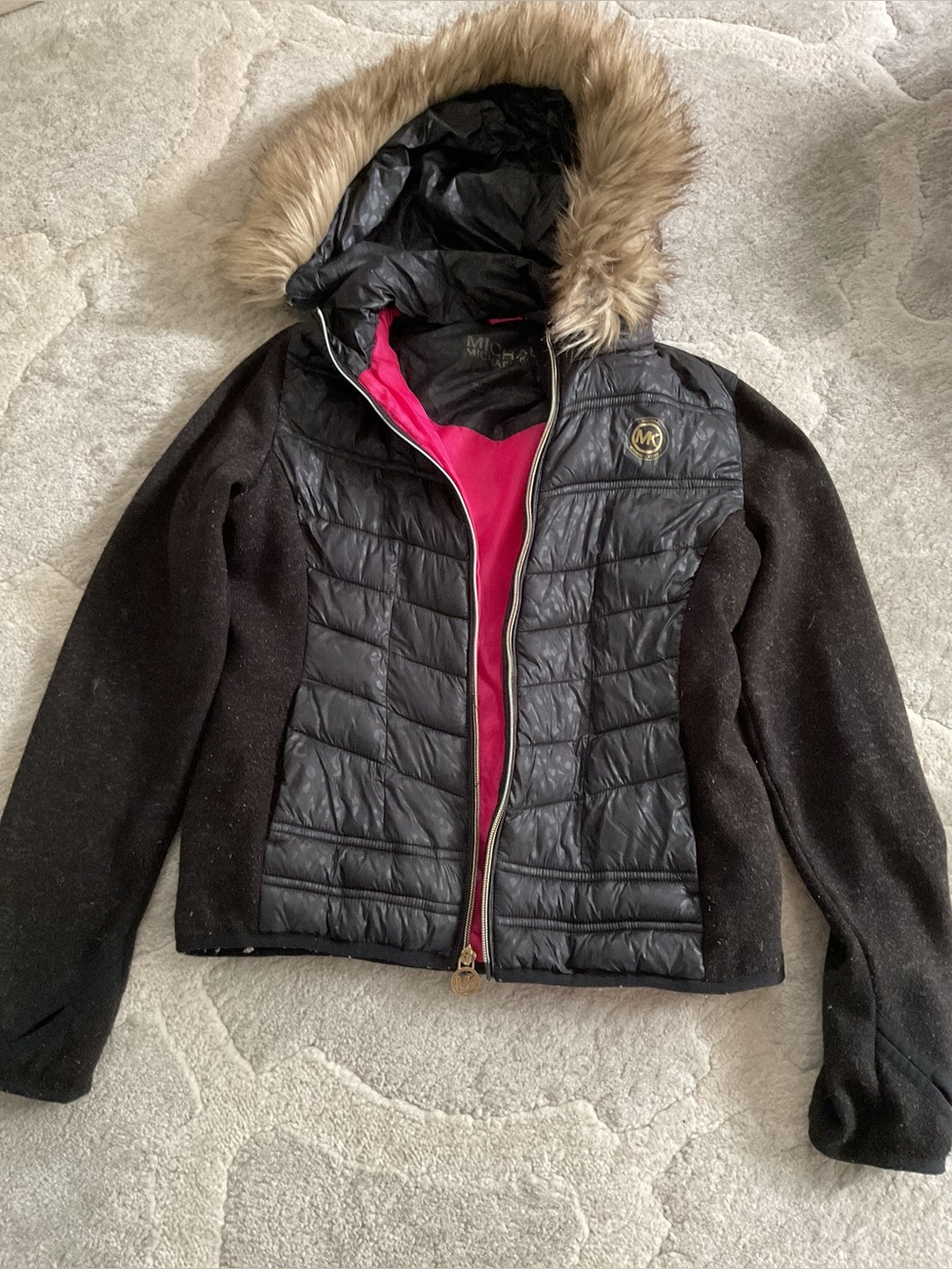 Michael Kors Black Quilted Jacket with Faux Fur Hood and Pink Lining